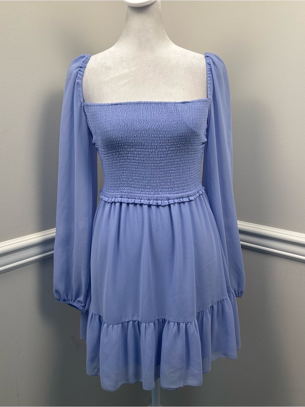 Wilfred Periwinkle Smocked Square-Neck Long-Sleeve Mini Dress S
